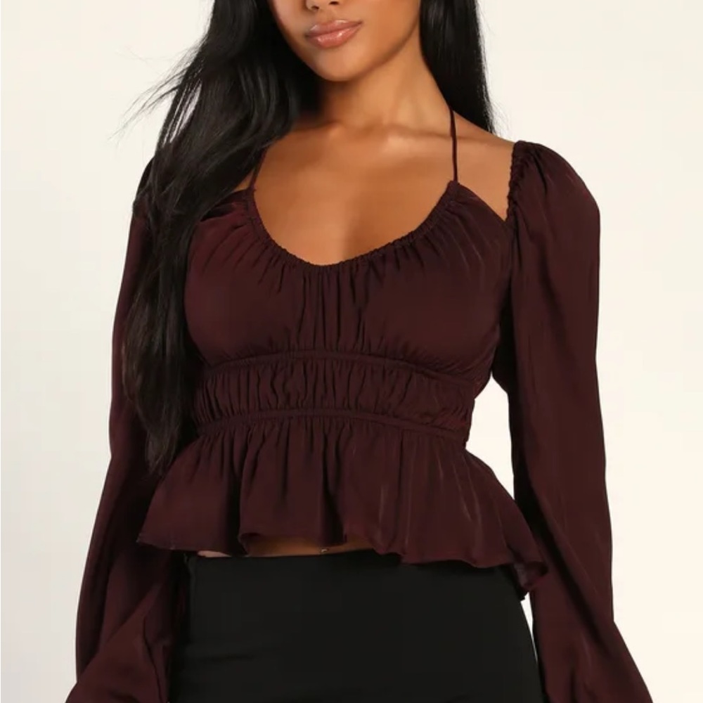 Struck By Desire Dark Plum Balloon Sleeve Halter Peplum Crop Top - Medium